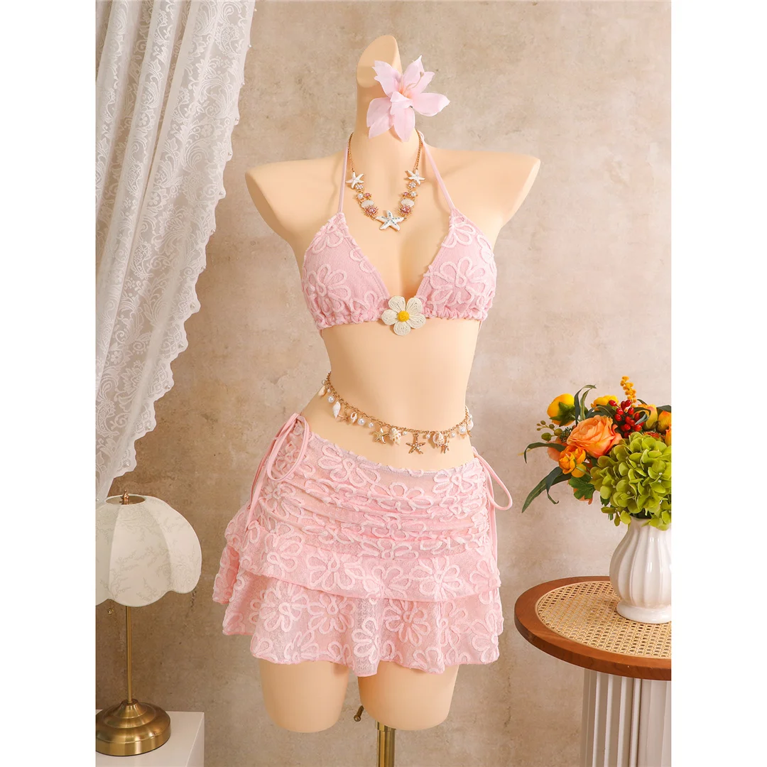 Mit Rock, Blumenmuster, Neckholder-Bikini, Damen-Badebekleidung, dreiteiliges Bikini-Set, Badeanzug, Badebekleidung, Schwimmkleidung V8322 – Detail 5