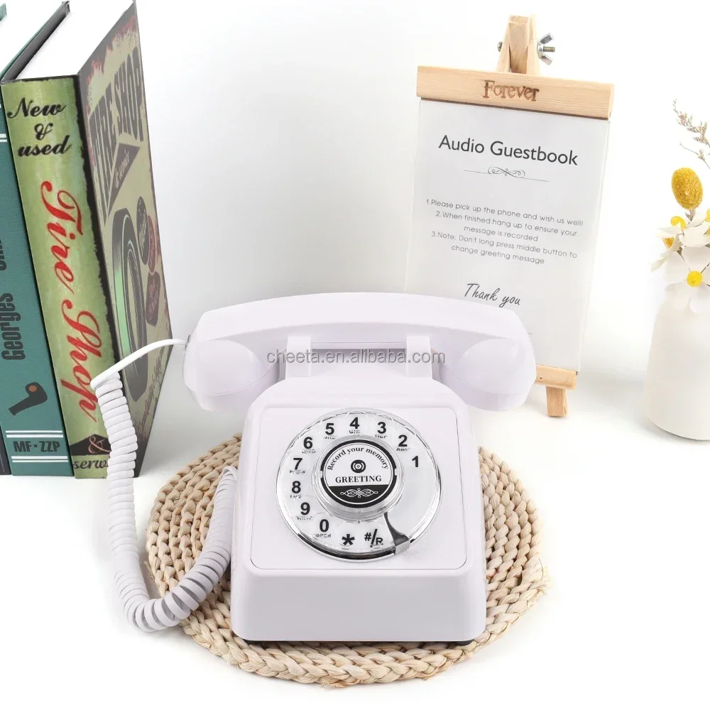 Old Fashion Fixed Button Antique Desk Vintage Corded Telephone  Audio Message Phone Wedding Guestbook