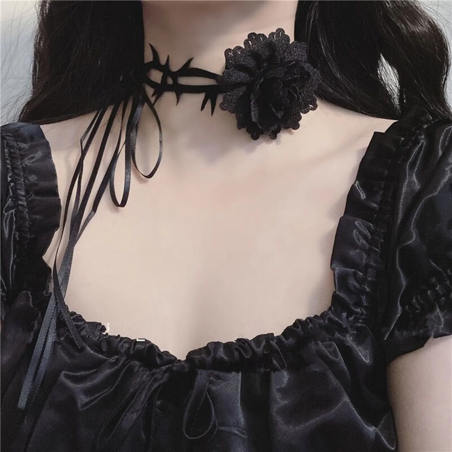 Red Black Rose Flower Choker Necklace For Women Gothic Velvet Collar Necklace Adjustable Long Chain Punk Dark Lolita Jewelry