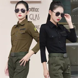 Camping Hiking Army Fans Cotton Long Sleeve T-Shirt Spring Summer Breathable Women Lapel Armygreen Military Training Uniform