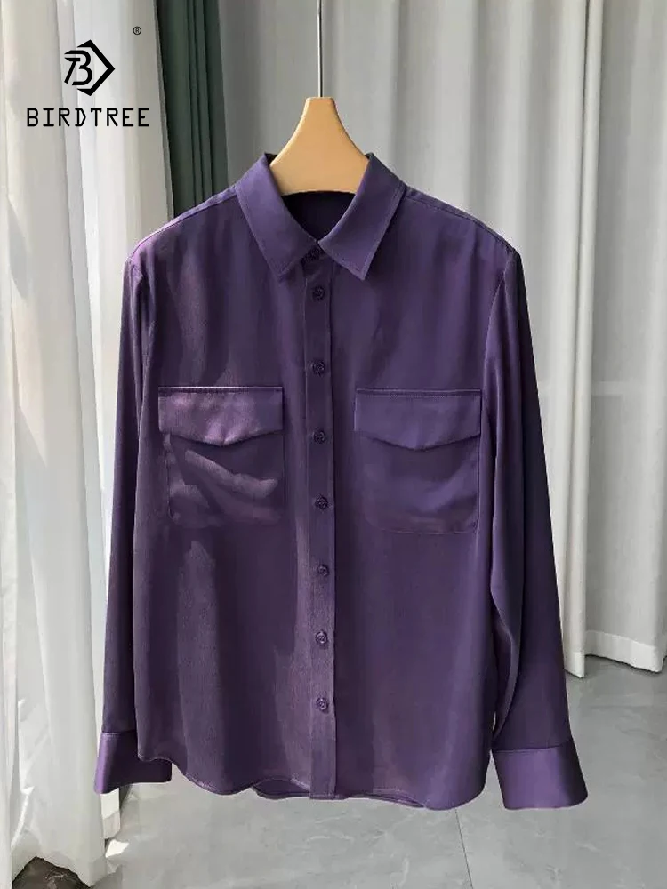 

BirdTree,20MM 100% Silk Elegant Purple Shirts, Women Long Sleeve, Loose Double Pocket Casual Blouse, Spring Autumn T4D215JC