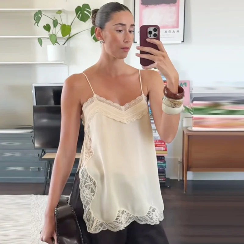 HXAO Gelbes Spitzen-Slip-Top für Damen, Sommer 2026, sexy Satin-V-Ausschnitt, ärmelloses, rückenfreies Top für Damen, Y2K Fashion Streetwear Camisole – Detail 11