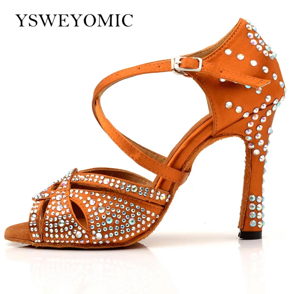 Bronze Latin Dance Shoes 9cm High Heel Women Salsa Ballroom Dance Shoes Soft Insole Suede Outsole Professional Dancing Shoes