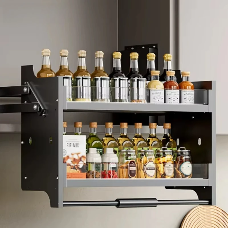Pull-down Upper Cabinet Lift Basket, Kitchen Buffer Adjustable Storage Rack, Wall Cabinet Seasoning Shelf Lifter