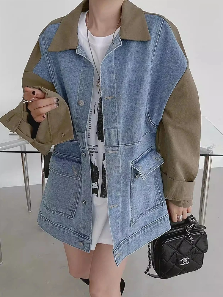 Korean style chic spring women retro style lapel design loose casual long sleeved personalized design niche denim jacket