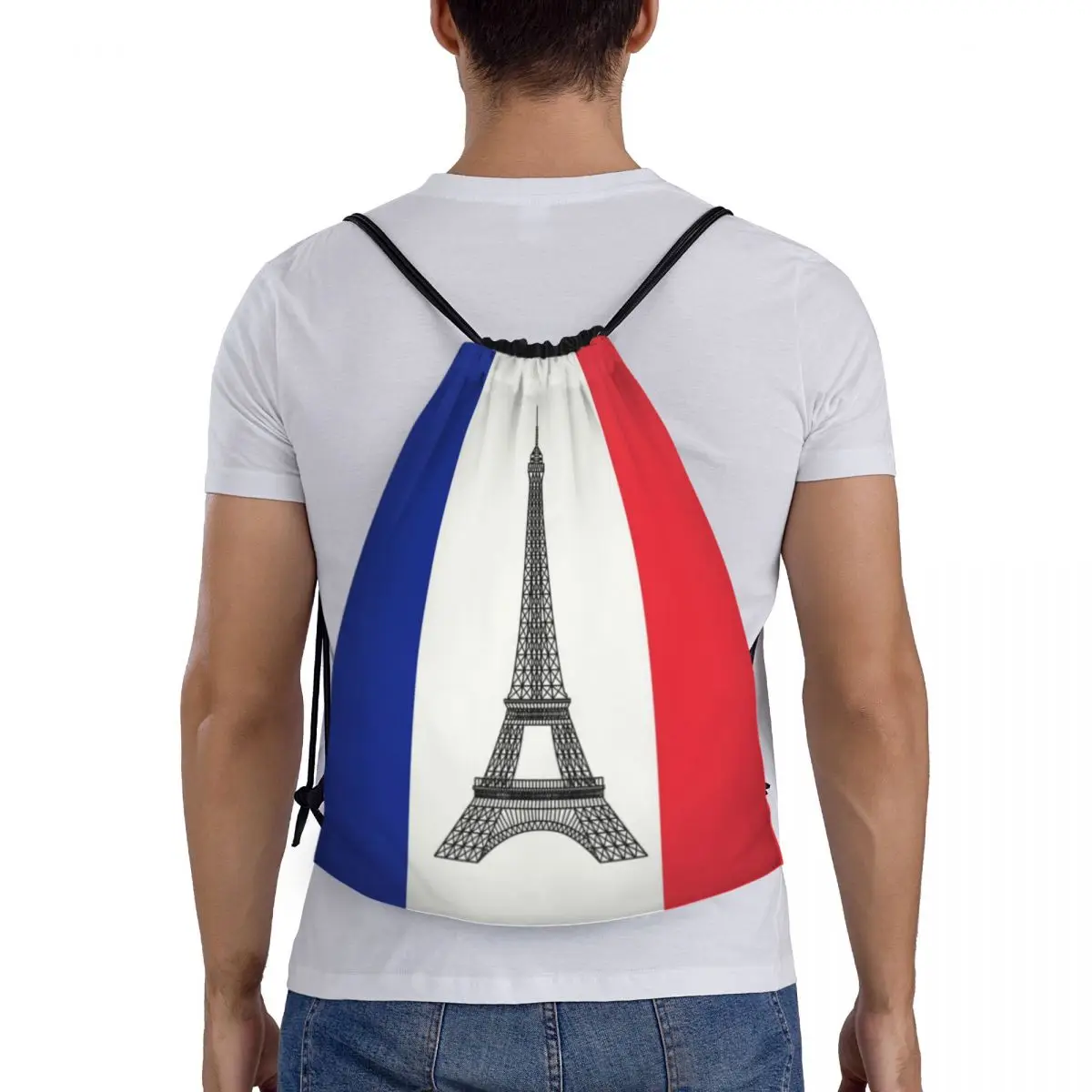 Mochila de cordão portátil para mulheres e homens, bandeira da França, Gym Sport Sackpack, francês La Tour Eiffel, bolsa de compras