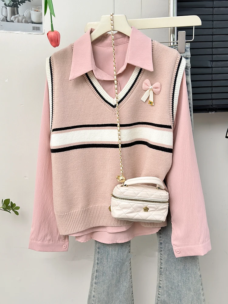 Gaganight Women Dopamine Contrasting Color Striped V neck Knitted Vest 2024 Autumn New Turn down Neck Collar Base Shirt Set