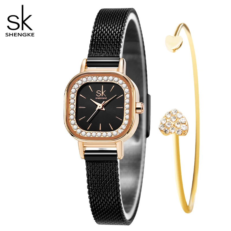 

Shengke New Luxury Watch For Women Classic Square Rhinestone Dial Women's Watches Black Milanese Strap Japanese Quartz Movement