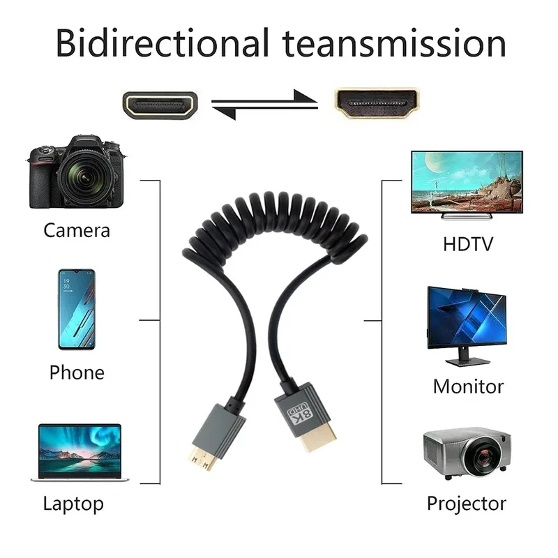1 متر المحمولة 8K UHD ملفوف كابل صغير/مايكرو HDMI متوافق تمتد الربيع الحبل للكمبيوتر المحمول كاميرا لوحية شاشة كاميرا DV HDTV #5
