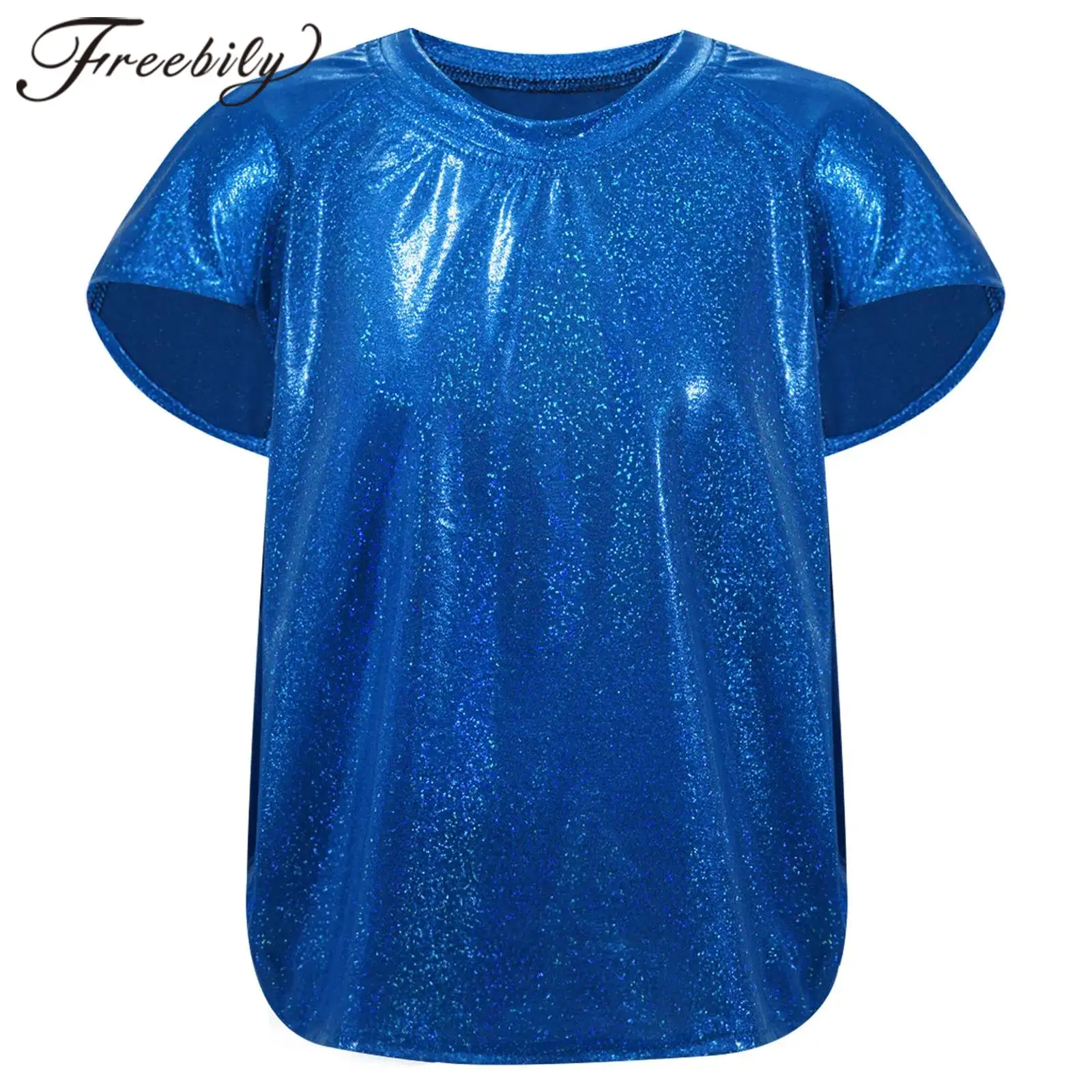 Kids T-shirt for Girls Boys Batwing Sleeve T-shirts Cheerleading Jazz Dance Stage Performance Costume Tops Metallic Streetwear