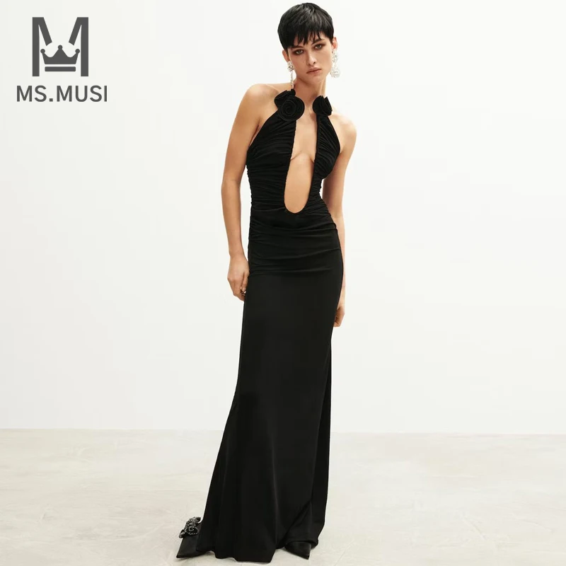 

MSMUSI 2023 New Fashion Women Sexy Strapless Deep V Floral Bandage Sleeveless Backless Bodycon Party Club Maxi Dress Long Gown