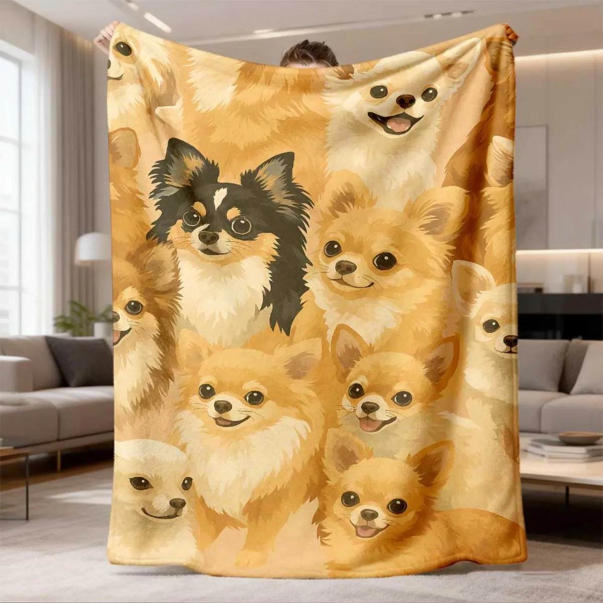 Various Lovely Chihuahua Puppy Pet Image All Over Print Flannel Blanket Light Cover Living Room Couch Household Warm Rest Use