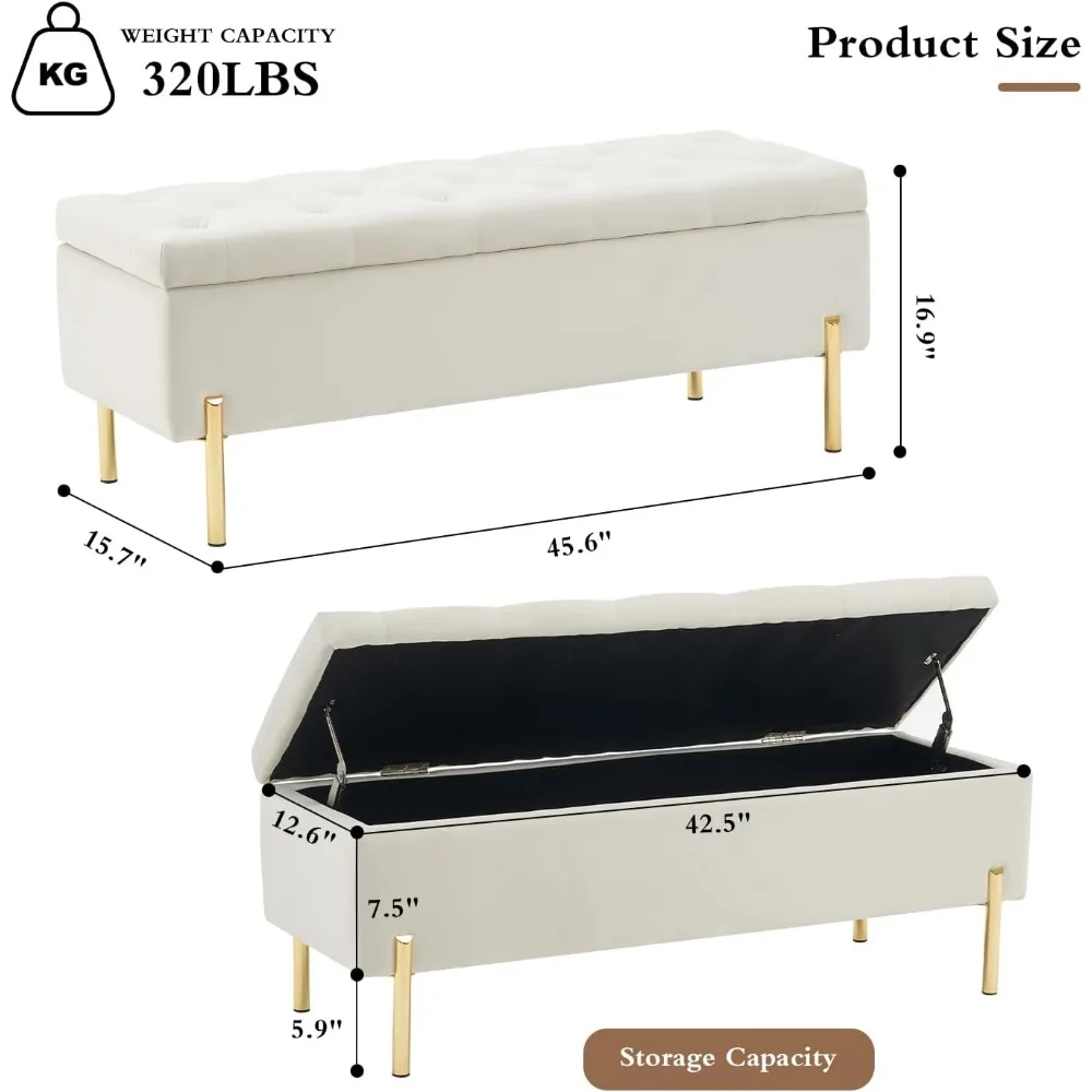 45,6-дюймовая бархатная скамья для хранения вещей, мягкая тафтинговая скамья-кровать с местом для хранения вещей, скамья на прикроватной тумбочке с мягкой крышкой, для кровати