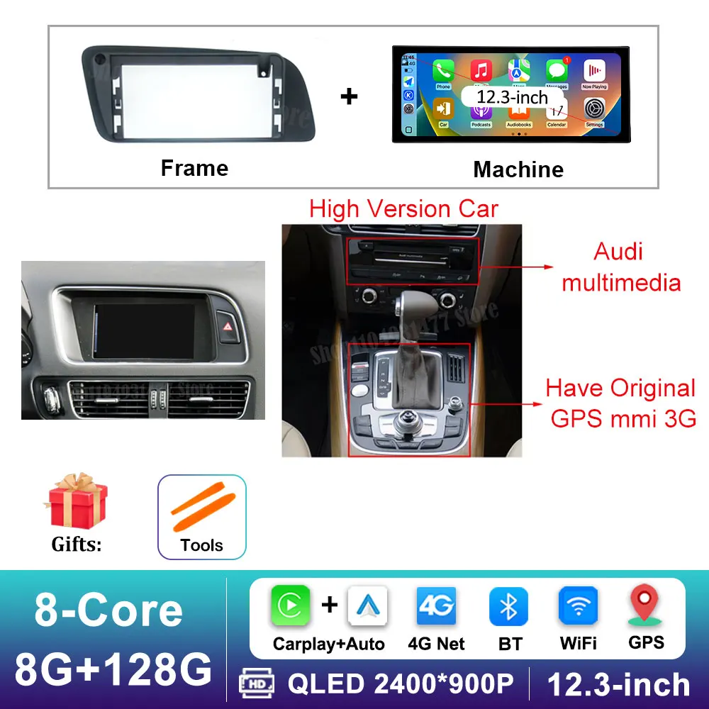 12,3 inch GPS Navigatie Draadloze Carplay Android 16 voor Audi Q5 2009 - 2017 BT Auto Multimedia Video Radiospeler 4G Auto Gereedschap