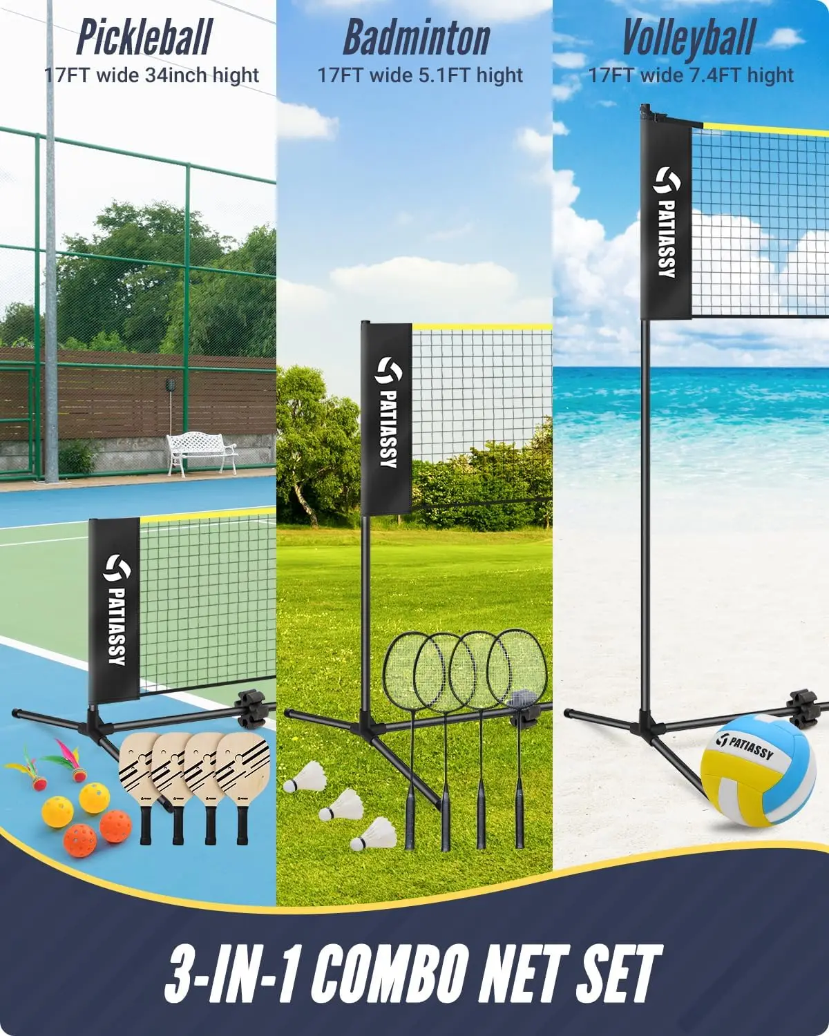 5.1ft-7.4ft Adjustable Height Volleyball Badminton Pickleball Net Set 17ft Sports Net with Poles, 4 Badminton Rackets, 3 Shuttle