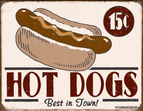 Food Sign Hot Dogs 15 Cents Tin Sign 8 x 12