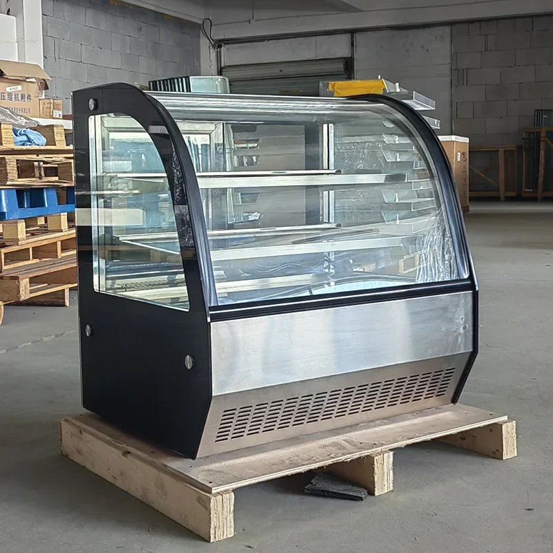 

Desktop Curved Glass Cake Display Cooler Display Stainless Steel Fan Cooling Baking Refrigerator