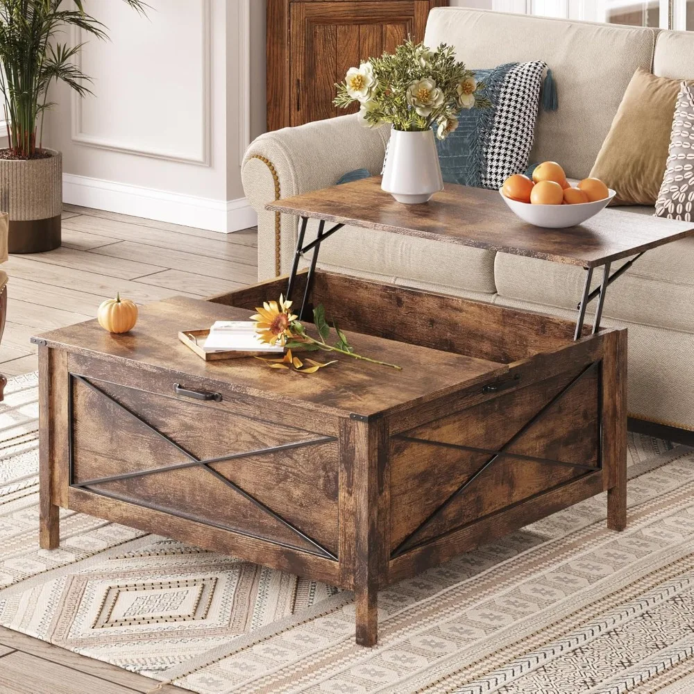 

Lift Top Coffee Table，Square Center Table with Hidden Storage Compartment, Farmhouse Wood Coffee Table for Living Room，B