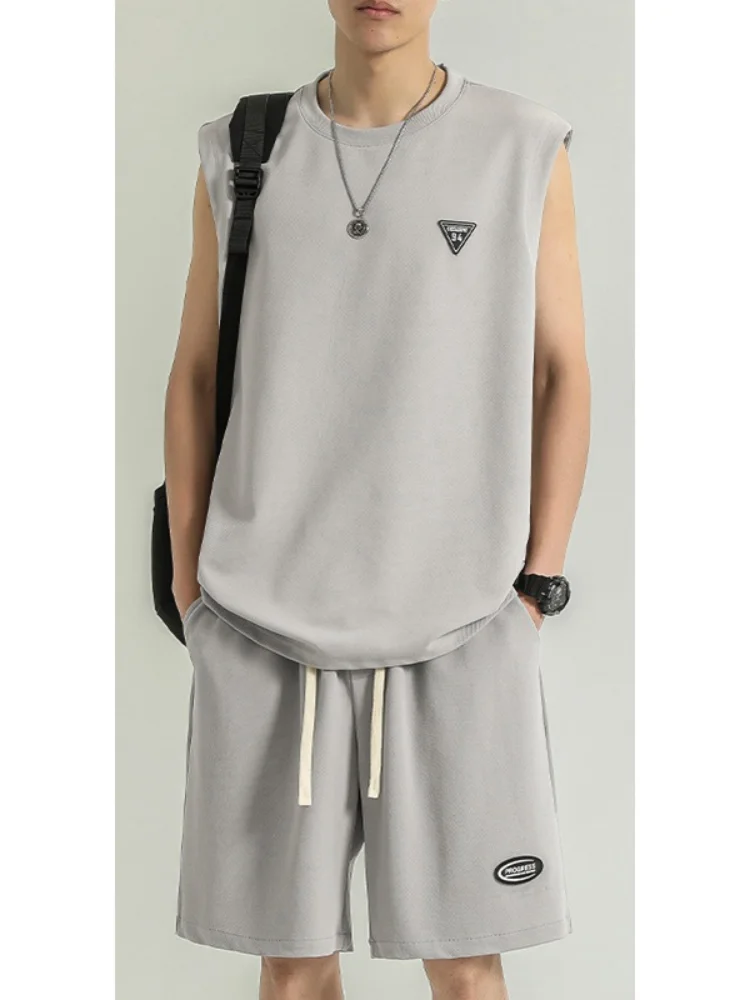 

Летний тонкий спортивный комплект из двух предметов: майка из ледяного шелка и футболка с американским вырезом на плечах для подростков, для баскетбола, без рукавов, влагоотводящий