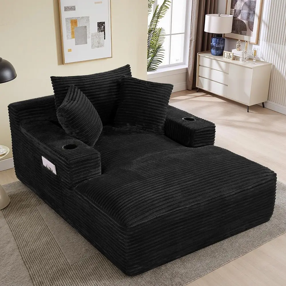 

Oversized 50W x 68D Chaise Lounge Chair with Cup Holders, Plush Corduroy Recliner, Deep Seat Sofa Bed, 3 Pillows, Suitable for L
