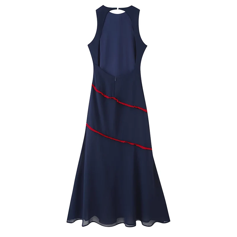 เดรสยาวผ้าชีฟองสำหรับผู้หญิง คอทรงโอ แขนกุด แต่งผ้าต่อลายตัดกัน ประดับพู่ห้อย ด้านหลังเปลือย ชายกระโปรงระบาย  ชุดเซ็กซี่สำหรับฤดูร้อน