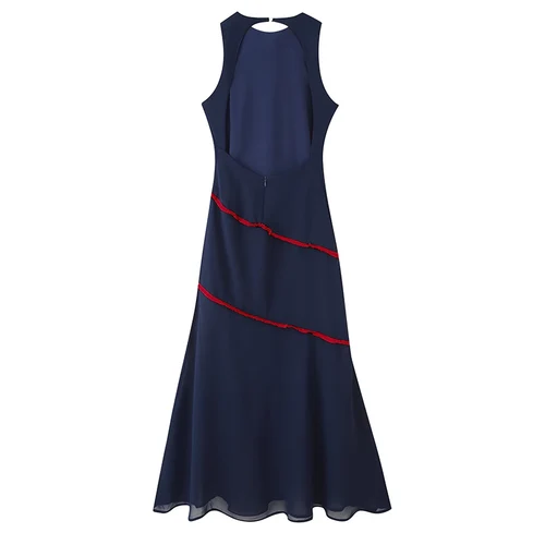 Imagen 2 del producto Vestido largo sin mangas con cuello redondo para mujer, vestido largo con decoración de borlas contrastantes, dobladillo de gasa con espalda descubierta, ropa Sexy para mujer