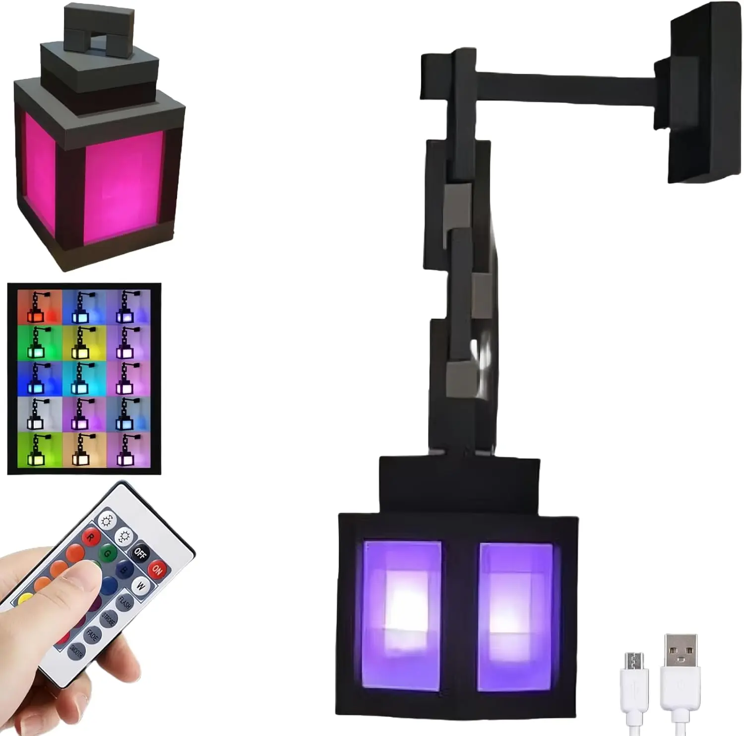 ضوء ليلي من Pixel Lantern - جهاز تحكم عن بعد RGB بـ 16 لونًا، تصميم قابل لإعادة الشحن عبر USB، مثالي لغرفة النوم، جدار غرفة الألعاب أو أدوات الطاولة