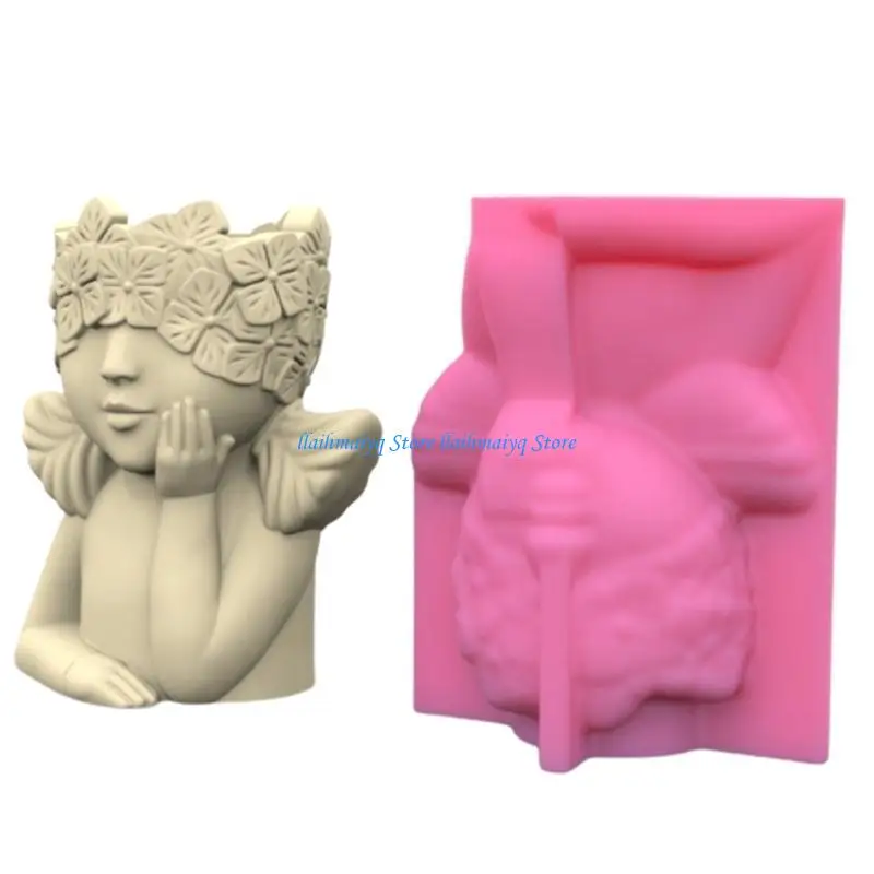 

573B Cover Eyes Girl Concrete Silicone Mold Flowerpot Cement Plaster Molds