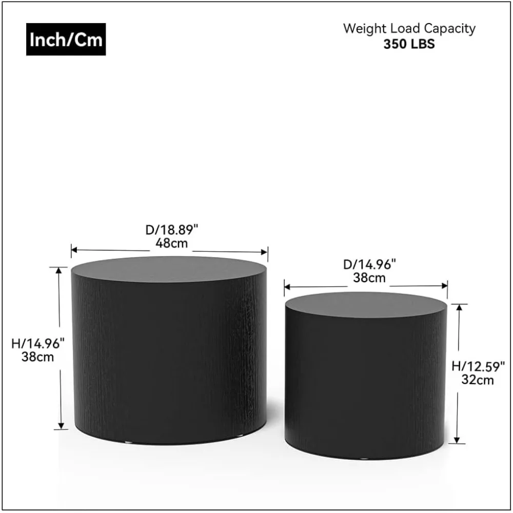 Nesting Coffee Table Set of 2, Modern Round Wooden Accent Tables for Small Spaces, Black
