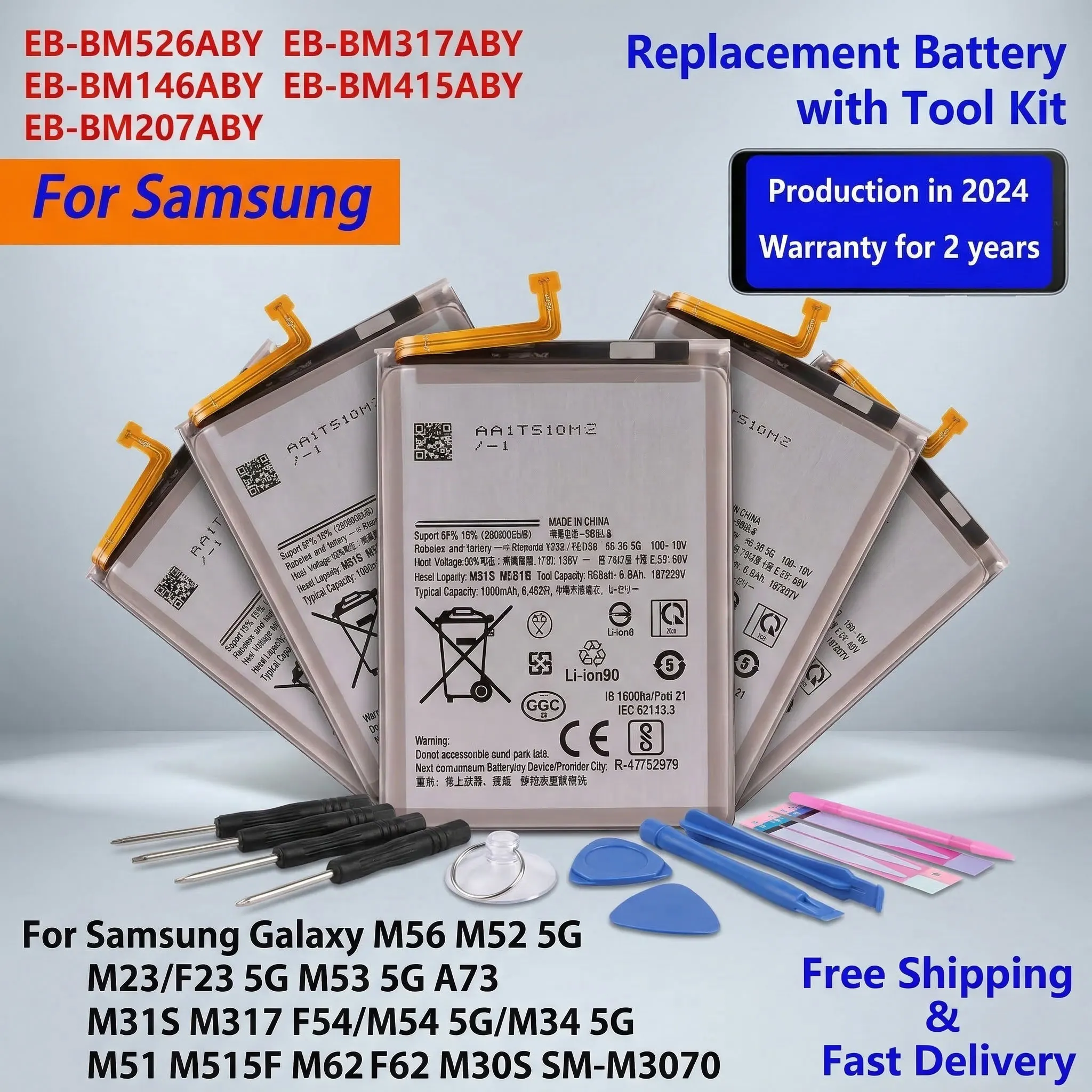 

Brand New Replacement Battery For Samsung Galaxy M56 M52 5G F54 M54 M34 M31S M317 M51 M515F M62 F62 M30s M32 4G A32 4G