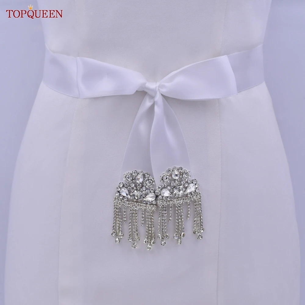 TOPQUEEN-cinturones de boda diarios S109 para mujer, faja para vestido de novia, apliques de diamantes de imitación plateados, accesorios de decoración