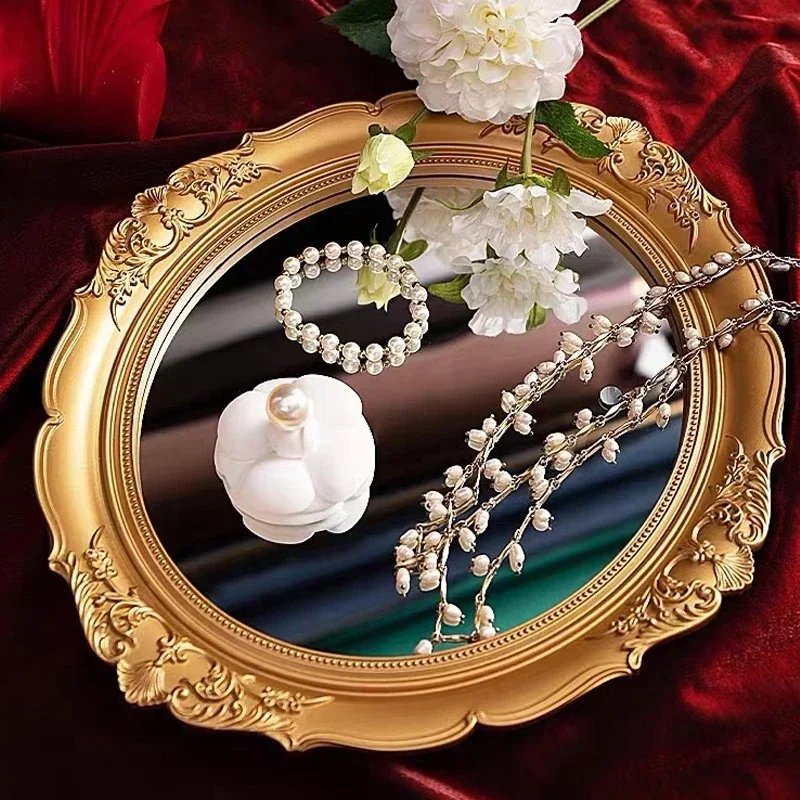 Gold Rimmed Jewelry Tray Mirror Regal Relief Mirror  Retro Jewelry Display Plate  Photography Prop and Display Ornament