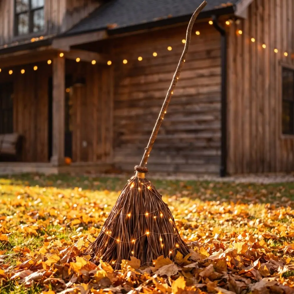 with Glowing Halloween Lighted Witch Broom LED String Electric Rotating Floating Broomstick Moving Broomstick