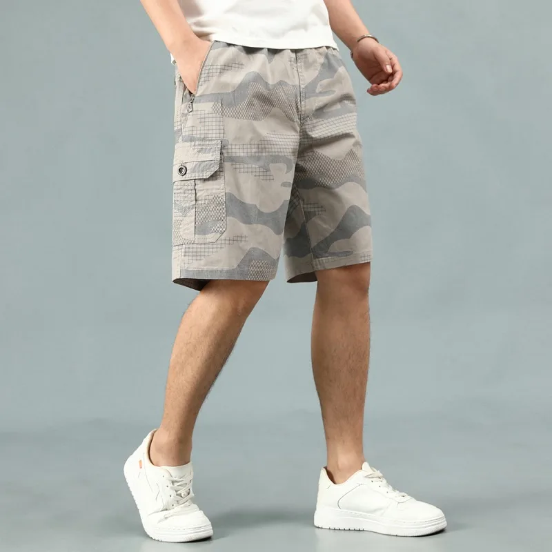 Men\'s Summer Camouflage Printed Geometric Pockets with Elastic High Waisted Casual Loose Sports Trousers Preppy Style Shorts