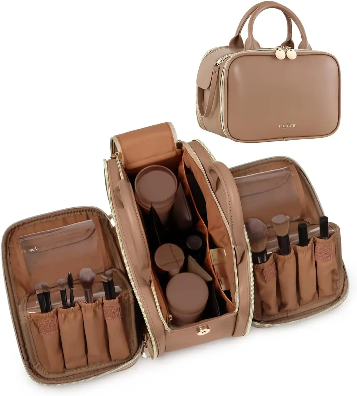 

Makeup Bag for Women, Large Capacity Waterproof Travel Cosmetic Organizer, Portable Open Flat Toiletry Bag with Free-standing