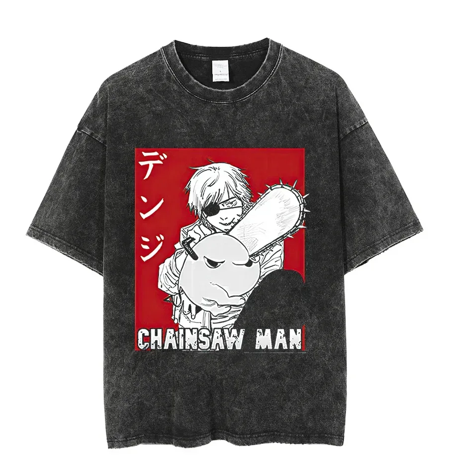

2026 Chainsaw Man Vintage Washed T Shirt Anime Character Print Tee Men Women Oversized Casual Cotton Short Sleeve Tops