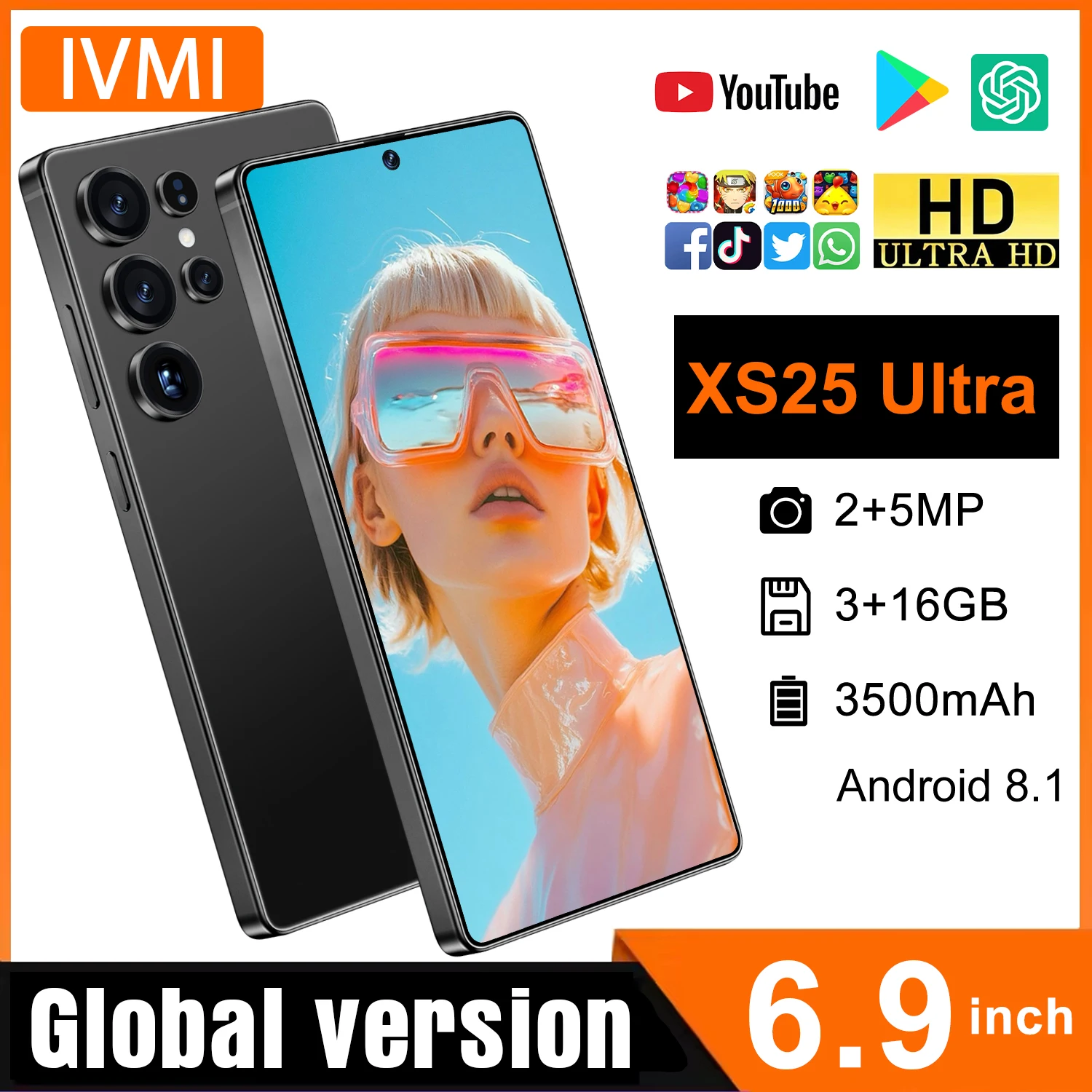 IVMI XS25 Ultra cellphone  6.9''Display Dual SIM 3GB RAM 16GB ROM phone Global Edition 4G Mobile Phones
