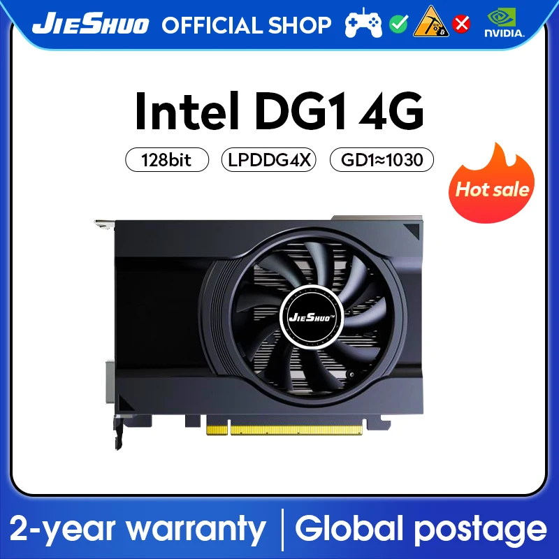 JIESHUO LNTEL DG1 4GB video graphics card LPDDG4X GPU 128BIT PCI-E4.0 dg1 4g adapted to computer desktop games Office KAS RVN ET