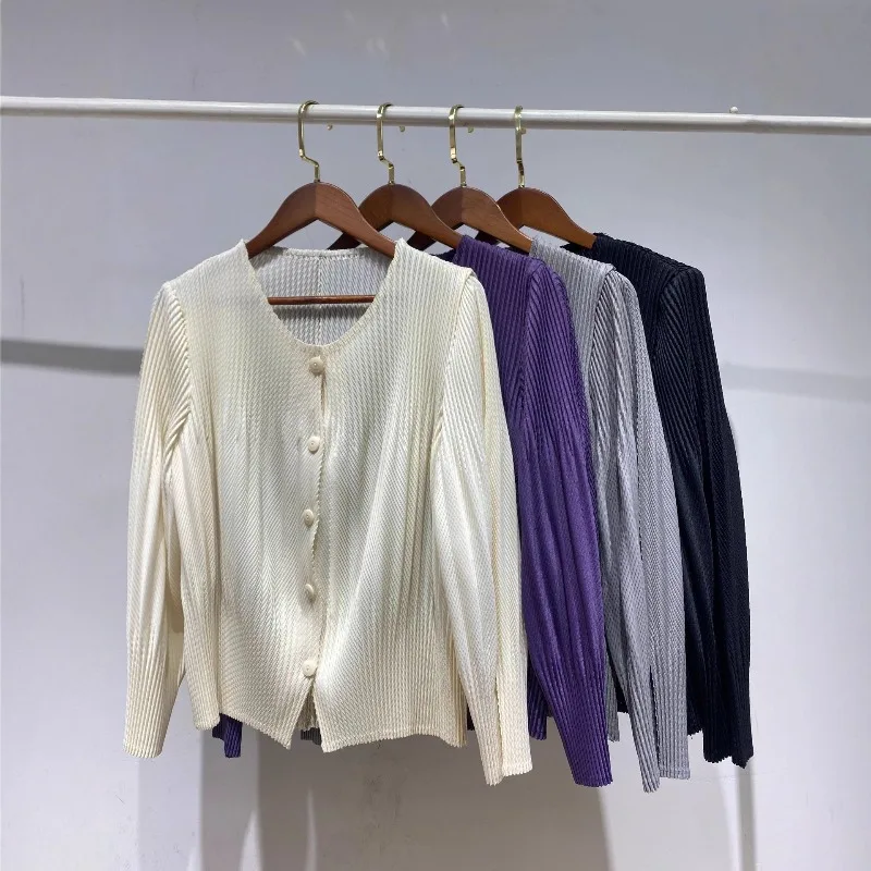 

Плиссированный женский осенний новый повседневный топ Miyake с длинными рукавами, свободный обтягивающий эластичный пригородный минималистичный удобный для ношения