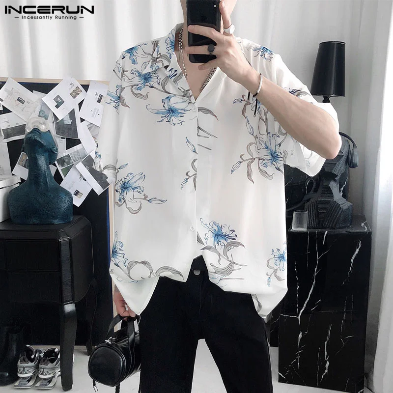 

INCERUN Tops 2024 Korean Style Fashion Men's Floral Print Pattern Shirts Casual Streetwear Male Loose Short Sleeved Blouse S-5XL