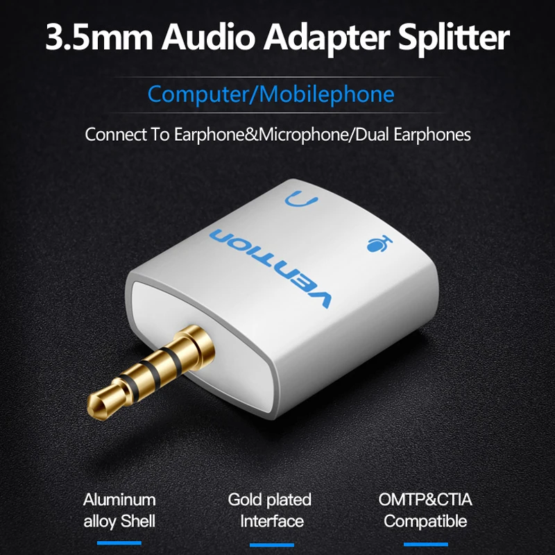 Vention 3.5mm Earphone Audio Splitter Connecter Adapter with mic 1 Male to 2 Female Audio Adapter For Headphone PC Mobile Phone