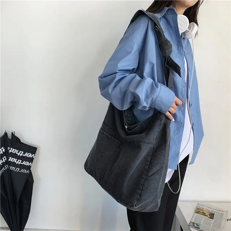 

Denim Women's Bag 2024 New Eco Reusable Ladies Handbags Canvas Shopping Travel Shoulder Bags Unisex Jeans Crossbody Bag Shoppers