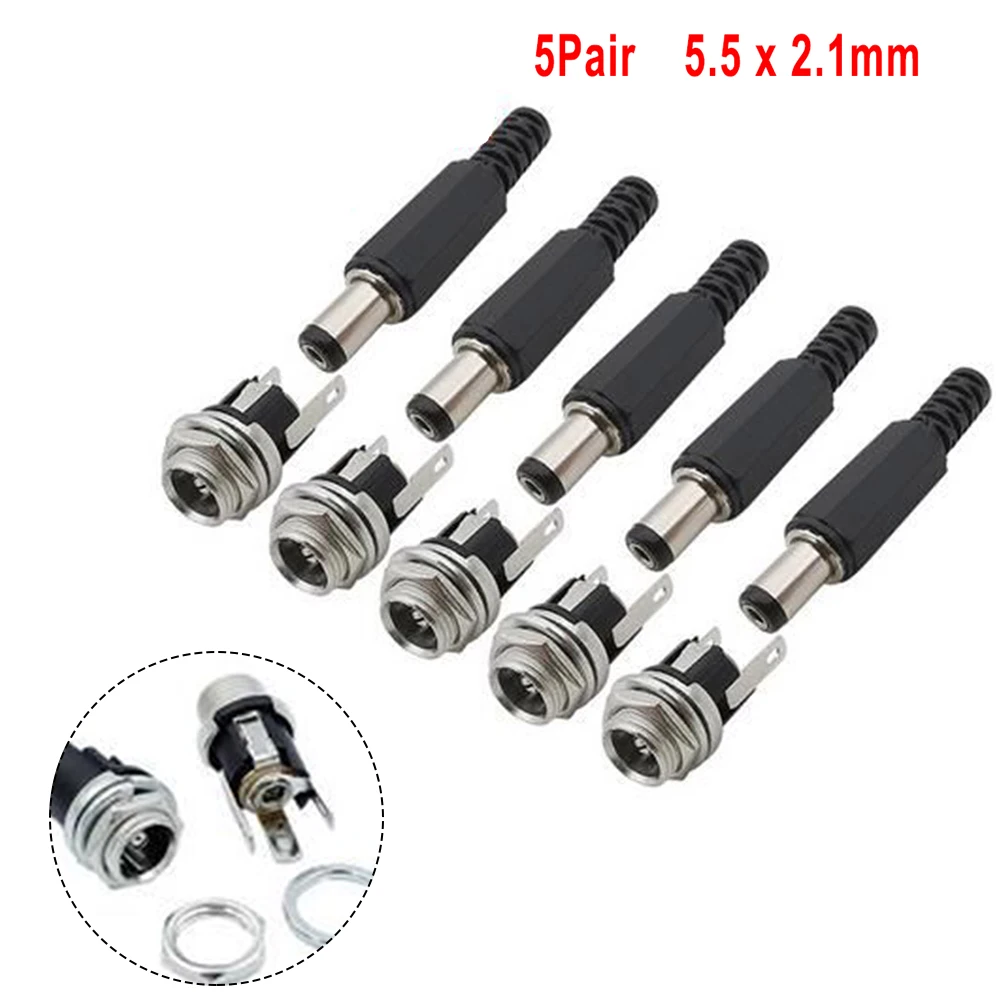Set of 5 Male DC Connectors with Metal Female 5 5 x 2 1mm Terminal Adapters for DC Power Supply Equipment Compatibility