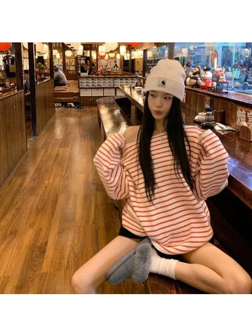 Korean Style Long Sleeve Striped Casual Women's Sweater Shoulder off Trendy plus Size Slimming Autumn Winter Loose Top