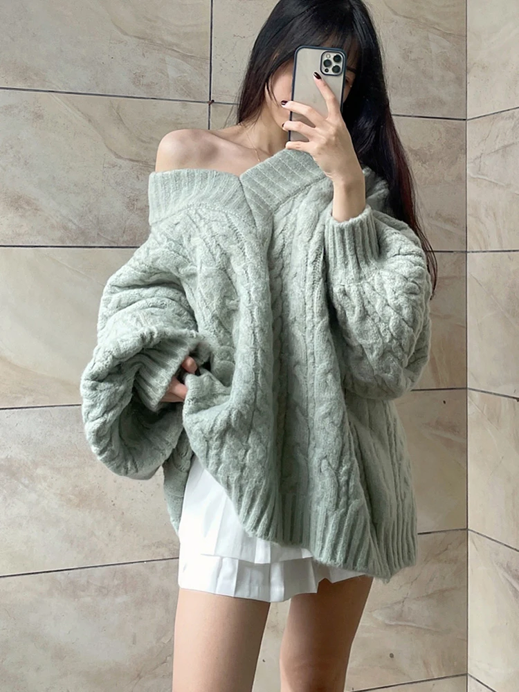 Zoki Korean Oversize Green Sweaters Women Vintage Lazy Wind V Neck Cute Knitted Pullovers Fall Casual Loose Long Sleeve Jumpers