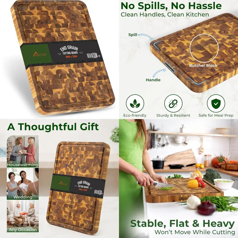 

Acacia Wood End Grain Cutting Board 23x18x1.5 - Large Chopping Board with Sorting Compartment and Juice Grooves for Butcher Bloc