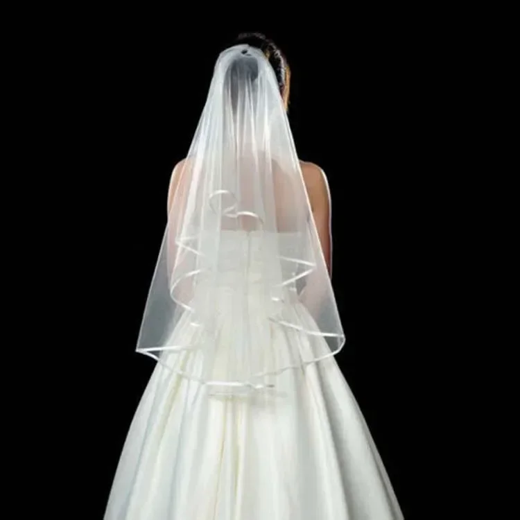 

Bridal Veil Short Tulle White Ivory Two Layers Ribbon Edge Hair Comb for Wedding Party Accessories