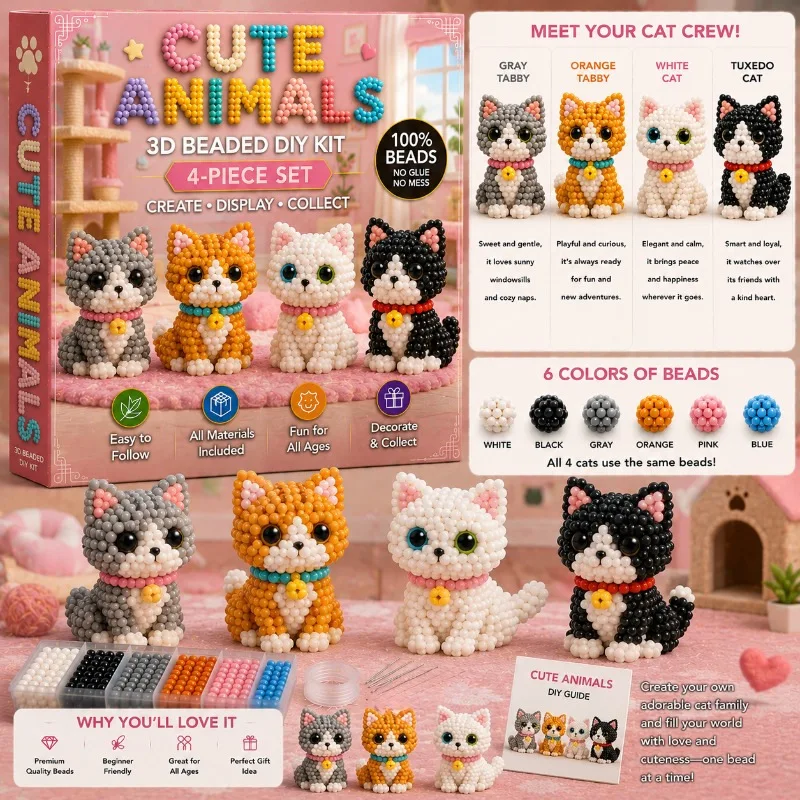 

1pc 3D Beaded Animal Craft Kit, Perfect For Kids, Teens & Beginners, Ideal Birthday, Holiday & Weekend Activity Gift, Cute Kawaii Style, Adorable Animal Patterns, For Home, Classroom & Parent-Child Interactive Time