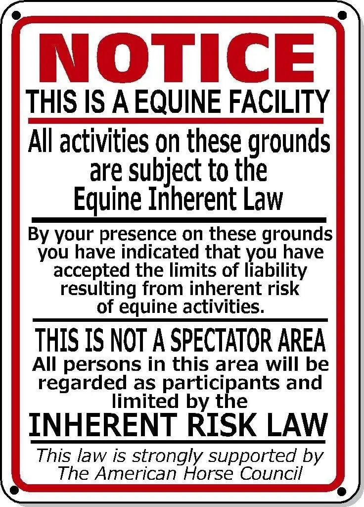 Supplemental Equine Liability Tin Sign Warning Statute Horse Barn Stable