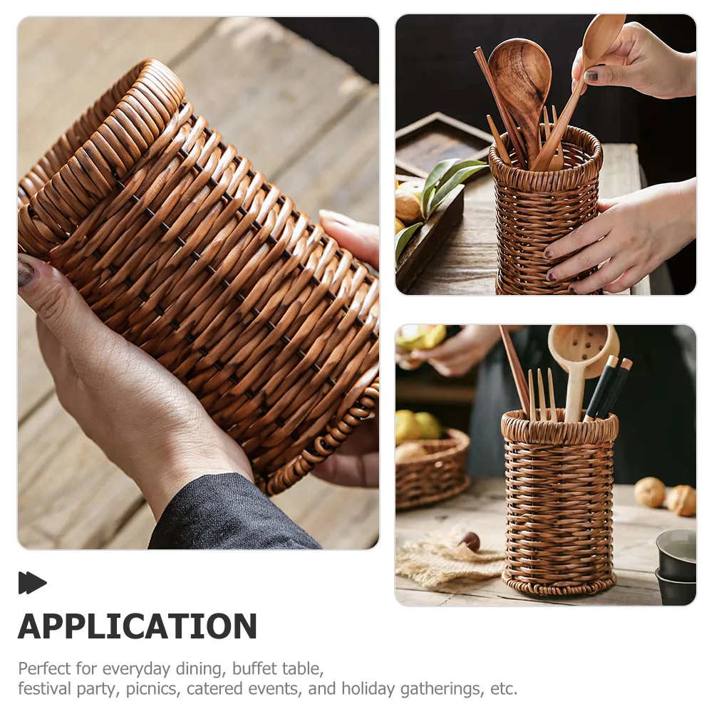 

Imitation Rattan Woven Cutlery Holder Kitchen Utensils Organizer Rustic Flatware Basket Countertop Storage Organizer